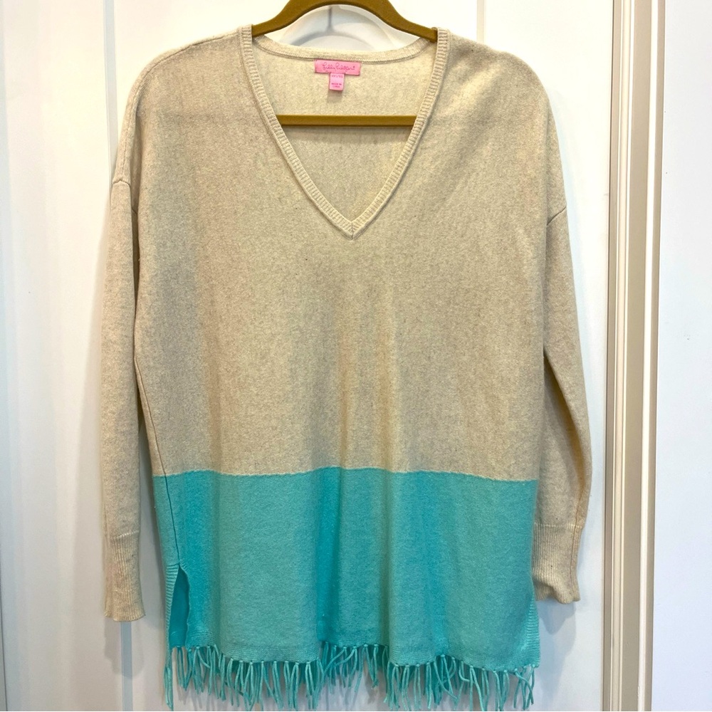 LILLY PULITZER Cream & Aqua Color Block Cashmere V-Neck Sweater Fringe Size XS